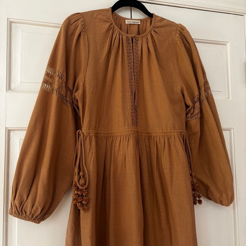 Ulla Johnson Raw Silk Kalea Midi Dress Clay Size 4 Fringe Boho‎ Bohemian Fringe - Picture 4 of 14